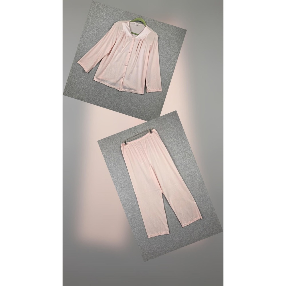 Vintage Vanity Fair Pajama Set Womens 38 Pink Nylon Lace‎ Top Pants Made USA
